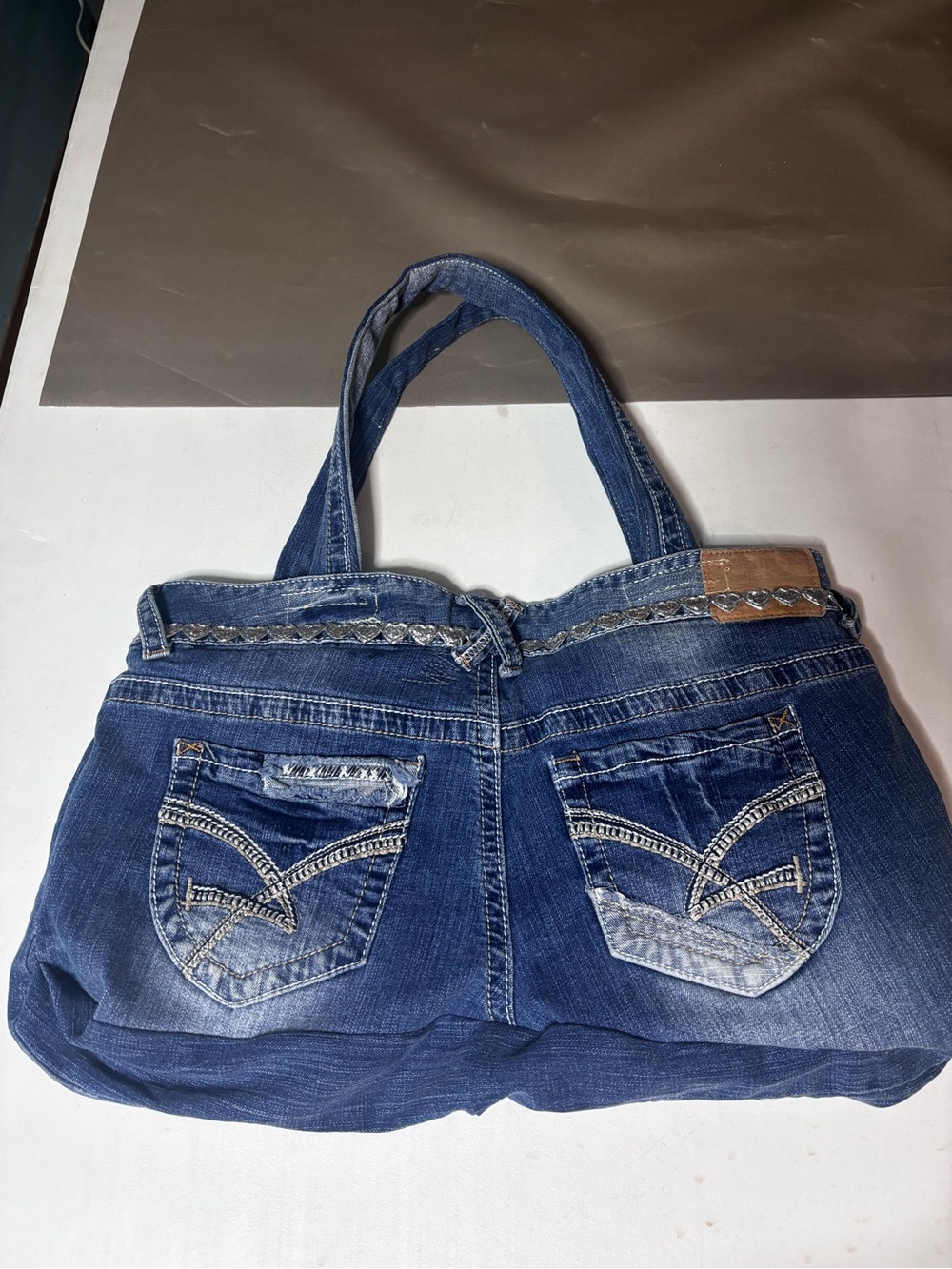 Handmade recycled denim slouchy tote - Picture 2 of 4